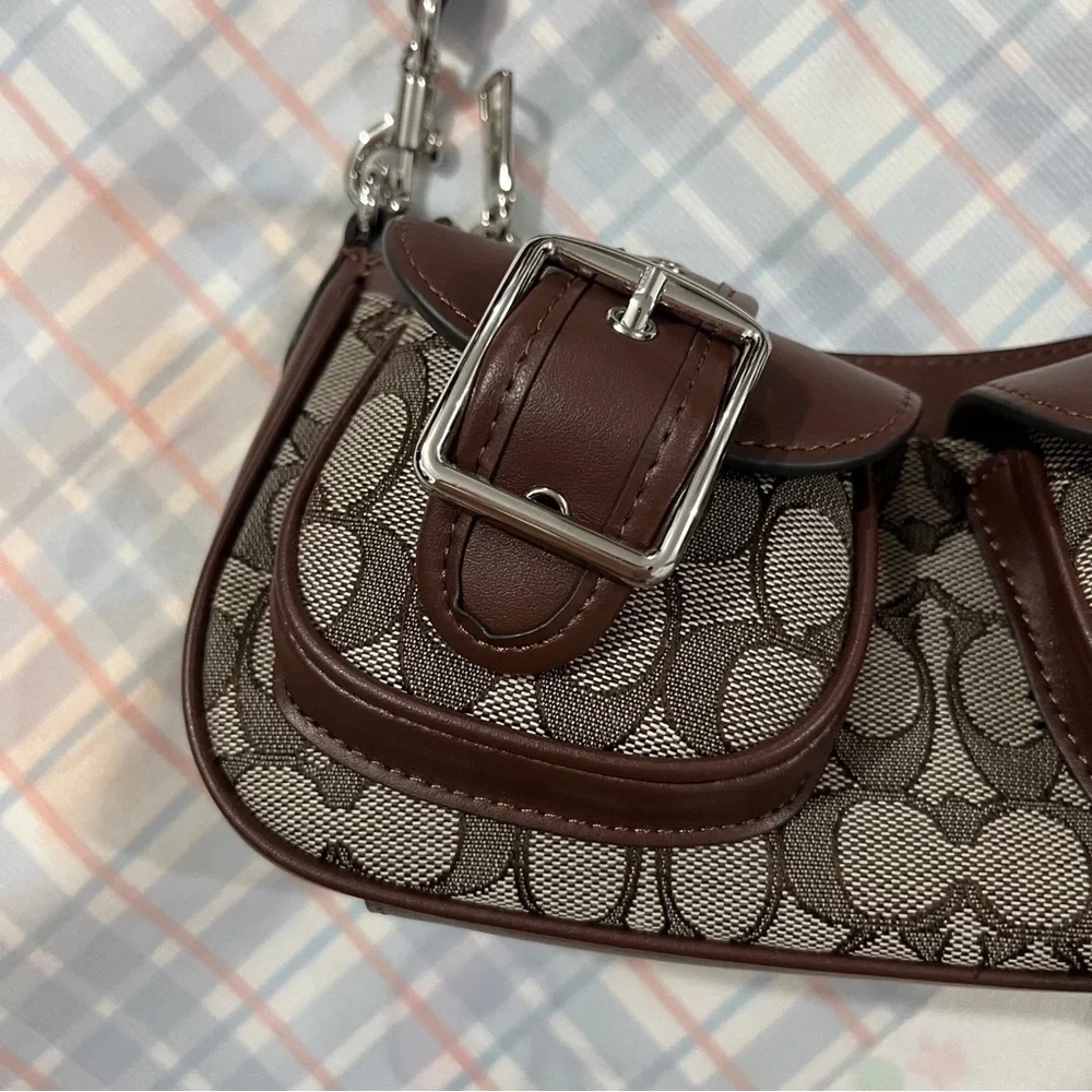 Coach Brown Signature Jacquard Crossbody Bag with Buckle Pockets